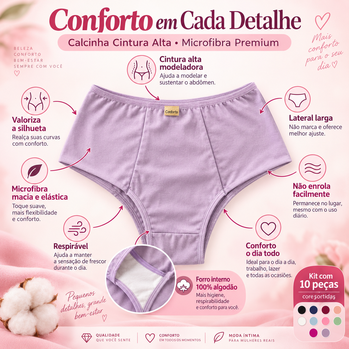 (KIT COM 10) Calcinhas Cintura Alta Luxo – Microfibra Confort Premium