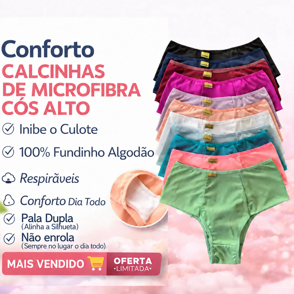 (KIT COM 10) Calcinhas Cintura Alta Luxo – Microfibra Confort Premium