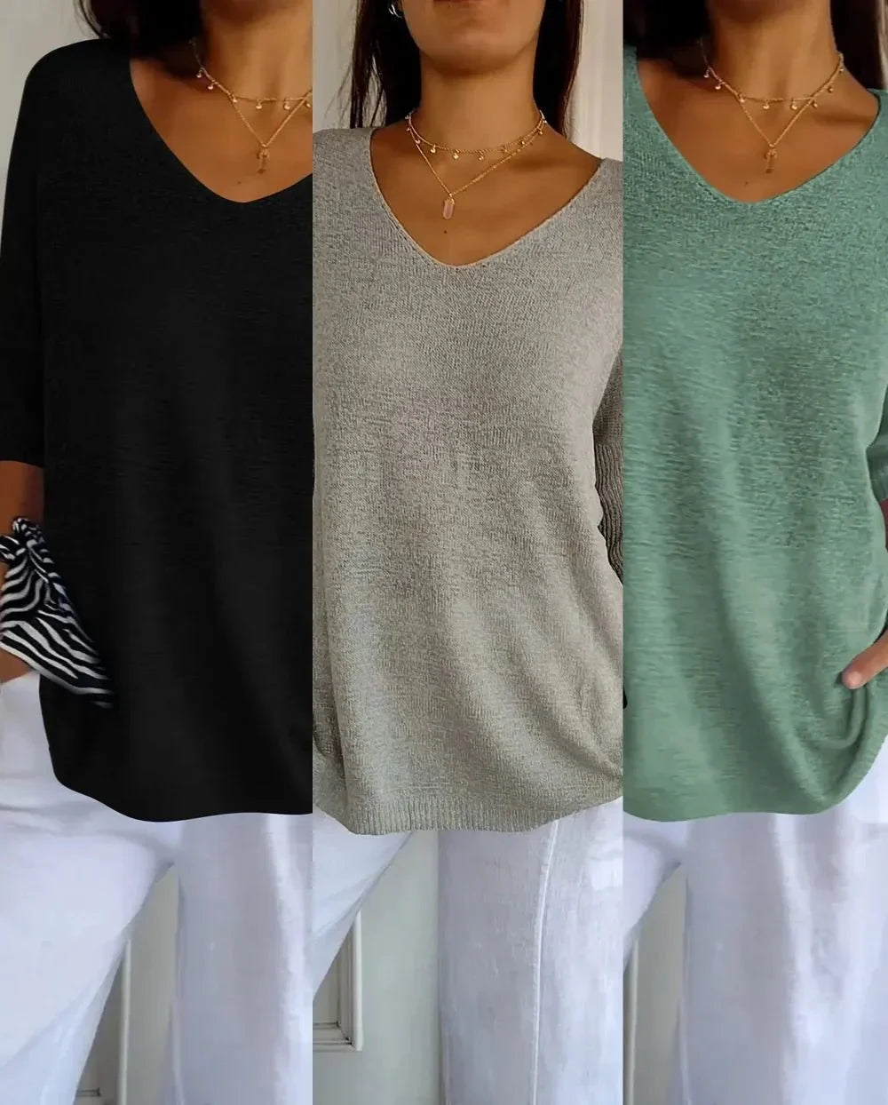 Kit 3 Blusas Femininas Luna em Malha Leve Decote V